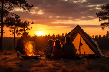 A family sits around a campfire in front of a tent at sunset