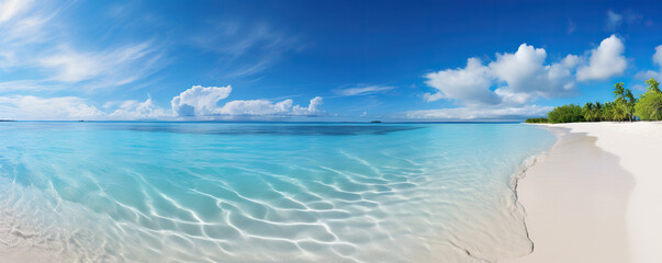 Pristine tropical beach with white sands and turquoise waters. Copy space - obrazy, fototapety, plakaty
