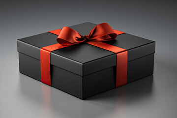black gift box with red ribbon on a grey background
