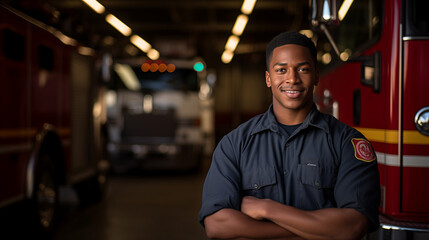 A strong fireman stands in front of a fire truck - obrazy, fototapety, plakaty