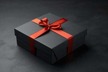 black gift box with red ribbon on a grey background - Powered by Adobe