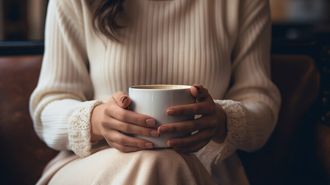 A beautiful womans hands holding a white ceramic mug