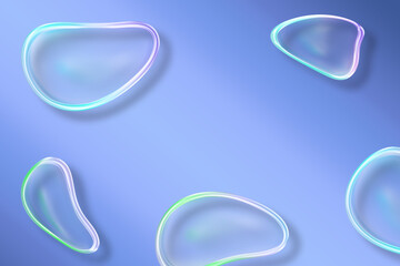 Purple bstract 3d art with holographic soap bubbles floating on sky background. fluid. liquid blobs.