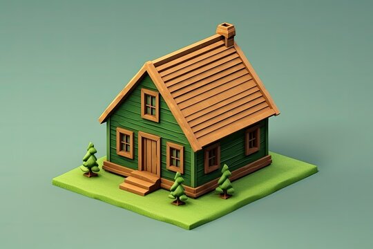 3d Isometric Wooden Hut Isolated Background