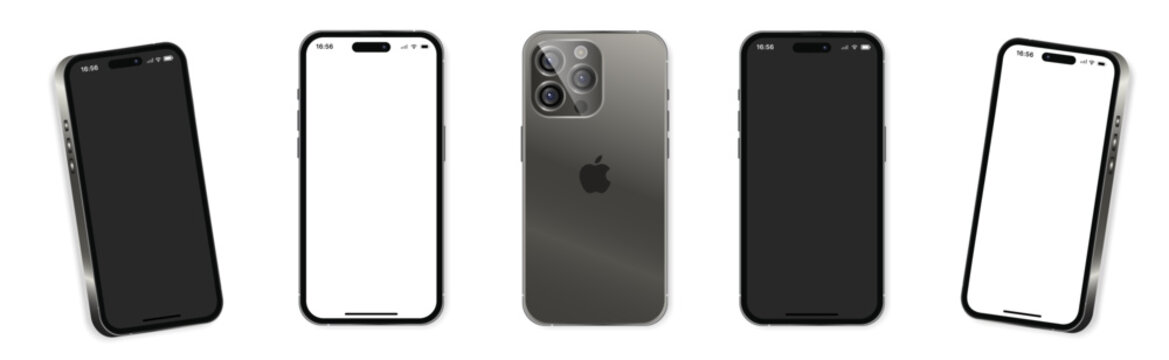Smartphone mockup 15 pro white screen. Phone different angles views. Vector illustration