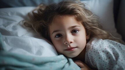 Obraz premium Top view of cute little preschooler girl lying cuddling with favorite fluffy toy waking up in cozy home bed, funny small kid stretch in comfortable bedroom after healthy sleep, good morning concept