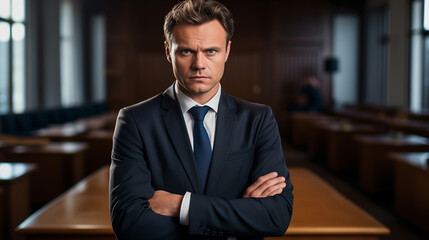 Fototapeta premium Close-up of a serious lawyer in the courtroom