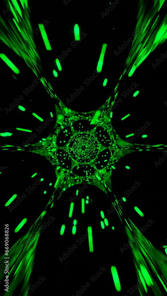 Poster vertical video abstract background with green rays, schi fi tunnel looping animation