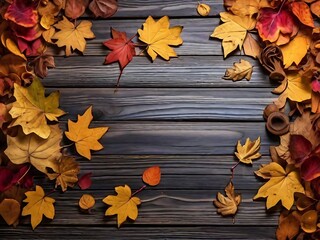 autumn leaves on wooden background generative ai