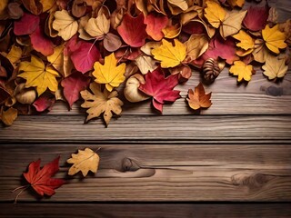Naklejka na ściany i meble autumn leaves on wooden background generative ai