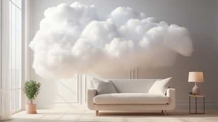 Clouds inside a beautiful room. Indoor cloud. Soft art. Dreamlike atmosphere