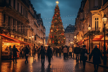 Illuminated Christmas tree in the old town in the evening - 669070650