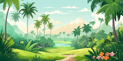 A tropical landscape with a diverse array of palm and tropical tree species. The vector style illustration presents a panoramic view of a thriving tropical forest.