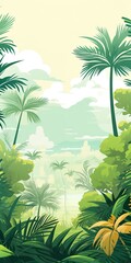 A tropical landscape with a diverse array of palm and tropical tree species. The vector style illustration presents a panoramic view of a thriving tropical forest.