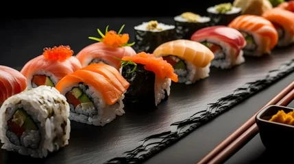 Foto op Plexiglas Various kinds of sushi served on black stone © Lucky Ai