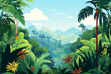 A tropical landscape with a diverse array of palm and tropical tree species. The vector style illustration presents a panoramic view of a thriving tropical forest.