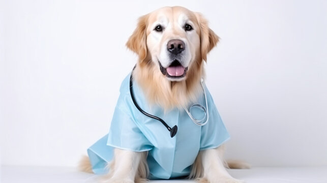 A dog in a medical mask with a stethoscope sits