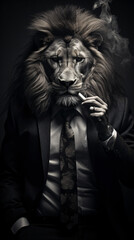 A grayscale portrait of a formidable lion in a suit