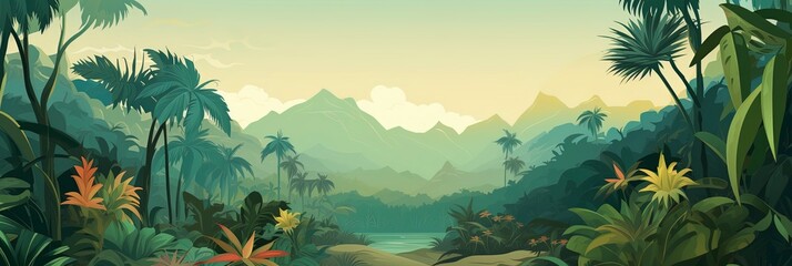 A tropical landscape with a diverse array of palm and tropical tree species. The vector style illustration presents a panoramic view of a thriving tropical forest. - obrazy, fototapety, plakaty