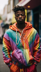 Obraz premium Street photo of a black model wearing colorful clothes