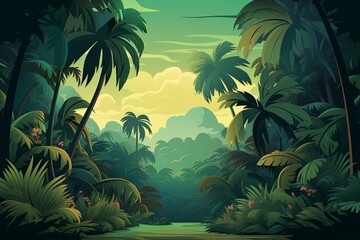 A tropical landscape with a diverse array of palm and tropical tree species. The vector style illustration presents a panoramic view of a thriving tropical forest.