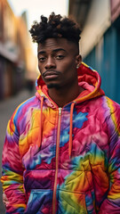 Street photo of a black model wearing colorful clothes