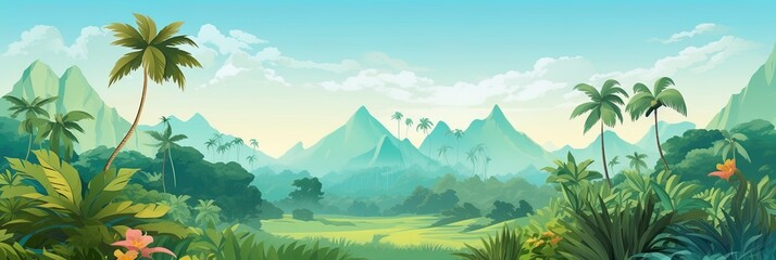 Fototapeta na wymiar A tropical landscape with a diverse array of palm and tropical tree species. The vector style illustration presents a panoramic view of a thriving tropical forest.
