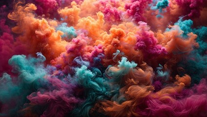 Vibrant smoke plumes in hues of teal, pink, orange, and purple, swirling and intermingling, creating a dreamlike visual spectacle against a muted backdrop.