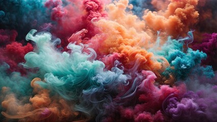 Vibrant smoke plumes in hues of teal, pink, orange, and purple, swirling and intermingling, creating a dreamlike visual spectacle against a muted backdrop. - obrazy, fototapety, plakaty