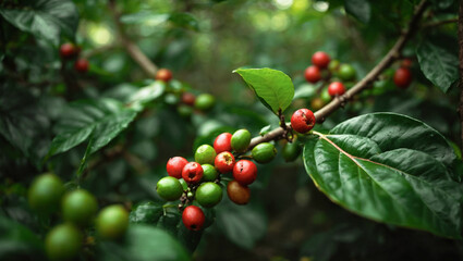 Obraz premium Red Coffee Beans on Coffee Tree Branch
