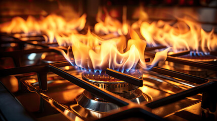 a close up of flames over a stove top. gas fire on stove top