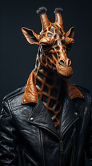 A man with a giraffes head. Giraffe in a leather jacket