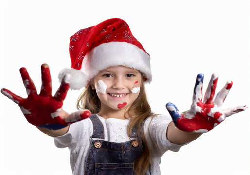 Portrait of a happy child, wearing a Santa hat, who plays with paint and shows his very dirty hands. AI Generative