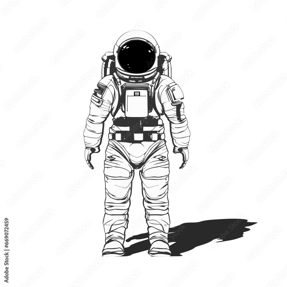Wall mural an astronaut standing upright in a spacesuit with a shadow. sketch style in black lines on a white b