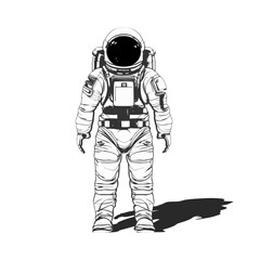 An astronaut standing upright in a spacesuit with a shadow. Sketch style in black lines on a white background. © Siarhei