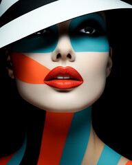 Closeup of woman with big striped hat. Contemporary and sophisticated fashion and makeup concept. AI Generative
