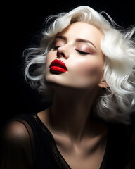 Fototapeta premium Closeup of young elegant woman with white hair and red lips. Contemporary and sophisticated fashion and makeup concept. AI Generative