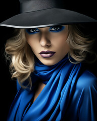 Sensuality and elegance in a woman with a hat and blue clothes. Contemporary and sophisticated fashion and makeup concept. AI Generative