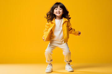 Fototapeta na wymiar an adorable little girl is having fun jumping on a yellow studio background