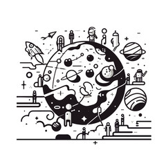 Space composition of an asteroid with human technology in sketch style. Space achievements logo.
