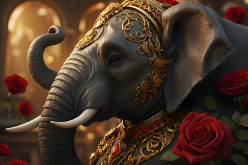 Indian elephant in the temple. Portrait of a elephant wearing crown, with golden patterns and roses on a dark background.