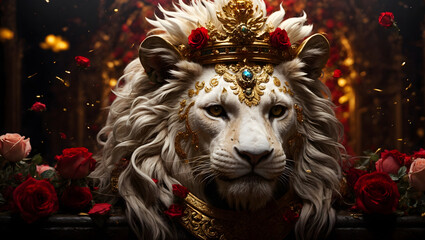 Portrait of a white lion wearing crown, with golden patterns and roses on a dark background.