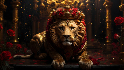 The lion in the night. Portrait of a lion, wearing crown, with golden patterns and roses on a dark...