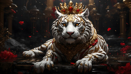 Fototapeta na wymiar Portrait of a white tiger wearing crown, with golden patterns and roses on a dark background.