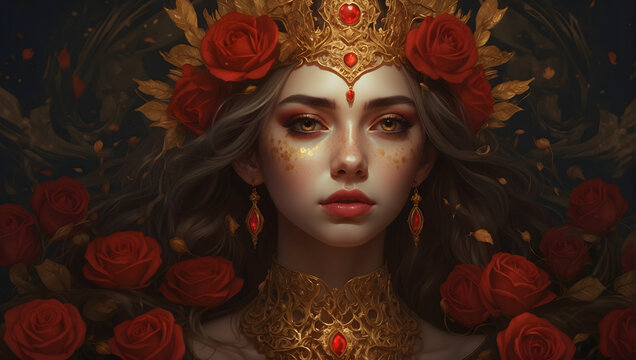 Portrait of a beautiful woman wearing crown, with golden patterns and roses on a dark background.