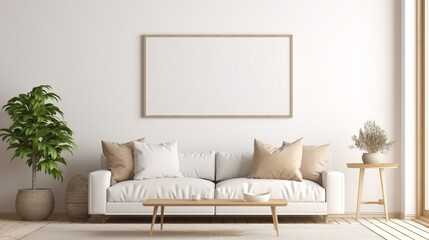 Horizontal poster frame mockup in scandinavian style living room interior
