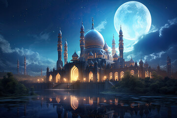 mosque with moon in the sky. ramadan kareem concept. ramadan nights
 - Powered by Adobe