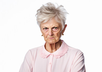 Very angry old woman looking seriously straight in front of the camera, isolated on white background. AI generative. - obrazy, fototapety, plakaty