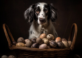 A black and white dog holding a basket of eggs