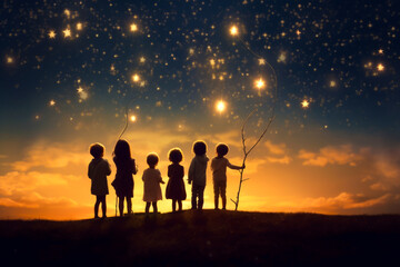 silhouette of back view children which looking on the christmas beautiful night sky full of stars - obrazy, fototapety, plakaty